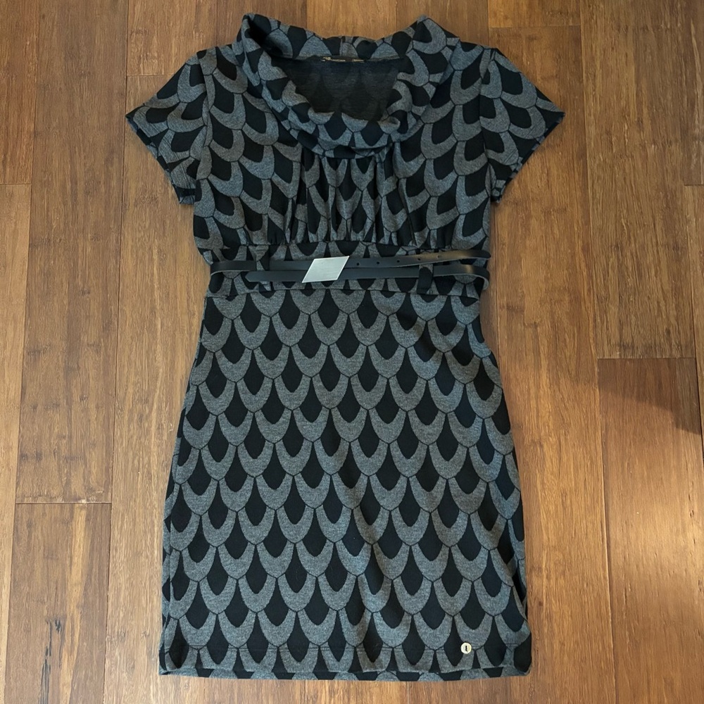 BSB Greek Brand Black & Gray Scallop Patterned Belted Mini Dress (Fits Small)